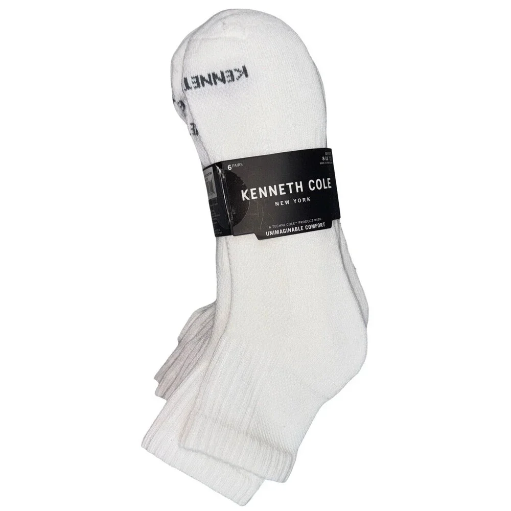 Kenneth Cole Mens 8-12 Ankle Socks White 6-Pairs Ankle Support Cushioned New